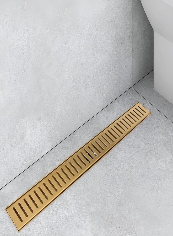 SPAZIO قناة تصريف مياه الاستحمام SPAZIO مطلية بالذهب بتقنية PVD، خطية/عمودية، 12 بوصة × 4 بوصة | مصفاة أرضية للحمام | شبكة تصريف للحمام | مصنوعة من الفولاذ المقاوم للصدأ 304 | فتحة جانبية (12 × 4 بوصة) - Image 1